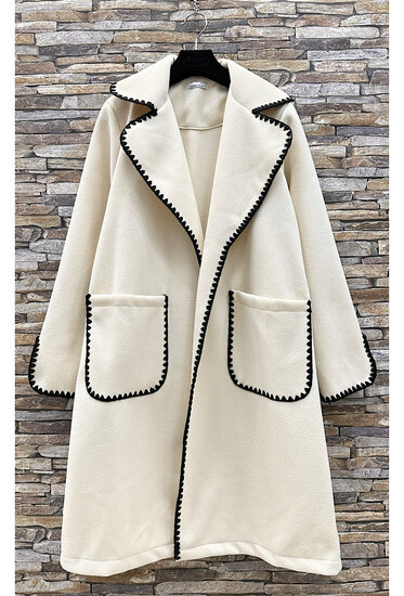 Beige mixed wollen midi jas met geborduurde rand.