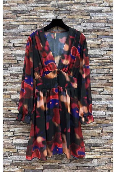 Mooie korte maroon blauwe mixed jurk met mixed print.SOLD OUT