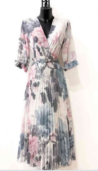 Elegante wit-rose-grijze maxi plisse jurk