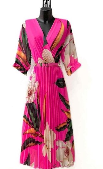 Elegante fuchsia mix maxi plisse jurk.