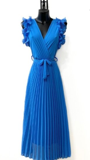 Elegante blauwe plisse maxi jurk.