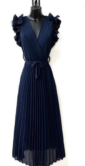 Elegante donker blauwe plisse maxi jurk.