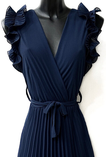Elégante robe longue plissée bleue foncée