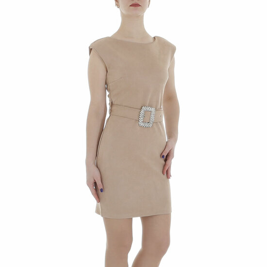 Trendy taupe mouwloze bodycon jurk.