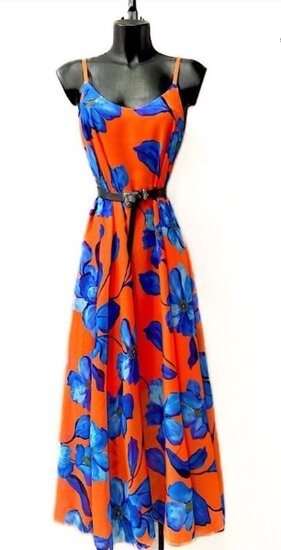 Zomerse oranje-blauwe maxi jurk