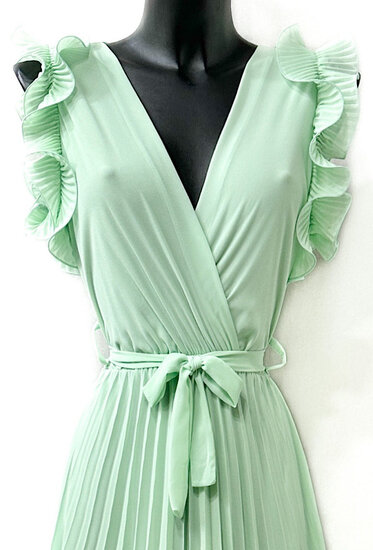 Elegante wasabi groene plisse maxi jurk.