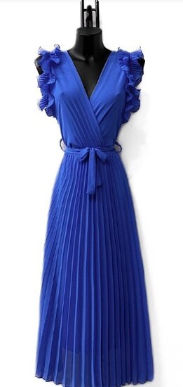 Elegante royal blauwe plisse maxi jurk.