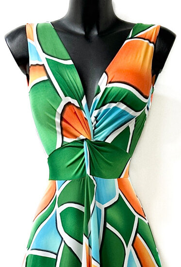 Zomerse groene-blauwe-oranje armloze maxi jurk