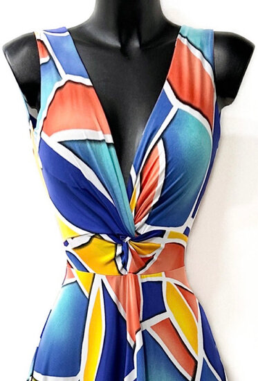 Zomerse blauwe-gele-oranje armloze maxi jurk