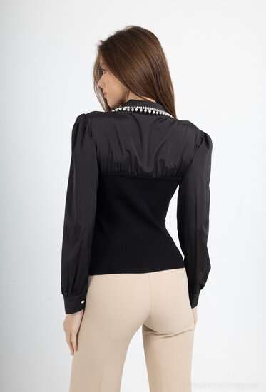 Zwart popeline shirt met fancy kraag met strass-steentjes en parels