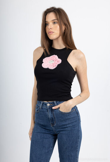 Katoenen zwarte mouwloze T-shirt met rose bloem in 3 D