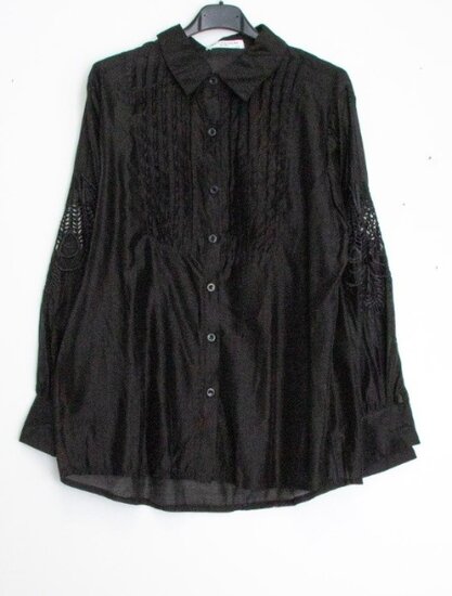 Modieuze taupe-wit-zwarte doorschijnende hemdblouse met kanten detail