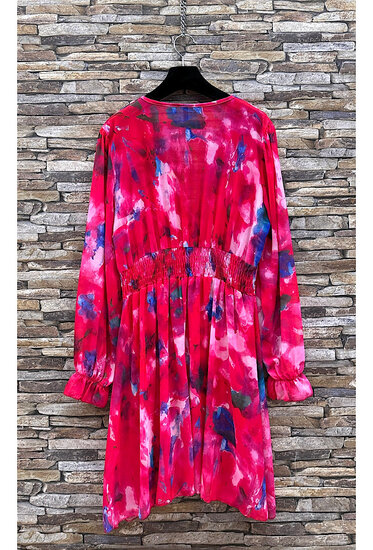 Mooie korte fuchsia blauwe jurk met print 