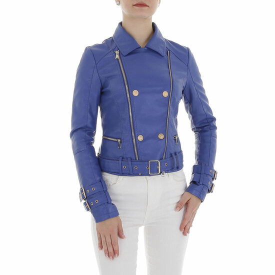 Sportieve korte blauwe leatherlook jacket