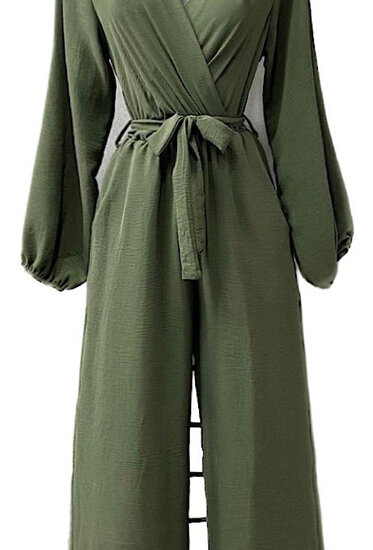 Modieuze kaki groene jumpsuit met lange mouwen