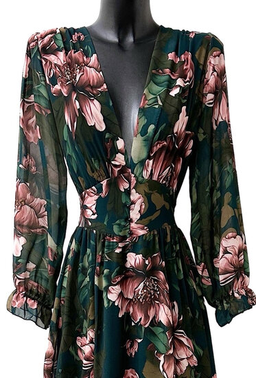 Sierlijke groen-rose maxi jurk met bloem motief