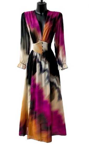 Sierlijke fuchsia-zwart-beige mixed maxi jurk met motief