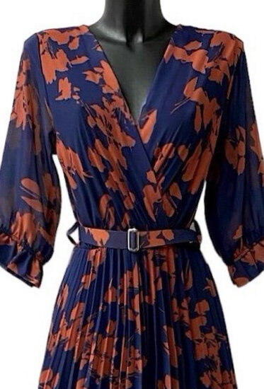 Gracieuse blauw oranje mix maxi plisse jurk 