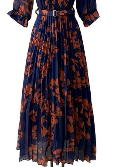 Gracieuse blauw oranje mix maxi plisse jurk 