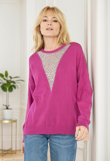 Fuchsia oversized trui met ronde hals en strass