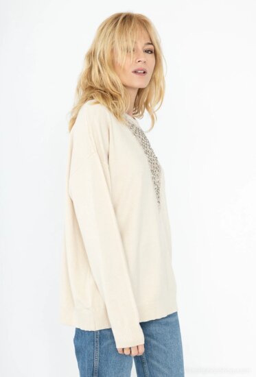 Beige oversized trui met ronde hals en strass