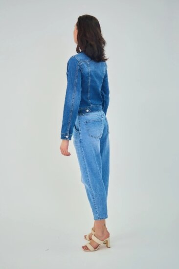 Korte donker blauwe jeans jacket met parels en strass