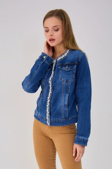 Hippe korte donker blauwe jeans jacket met parels en strass