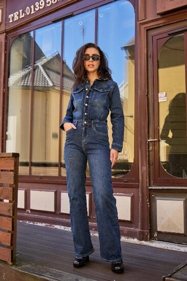 Modieuze donker blauwe jeans jumpsuit