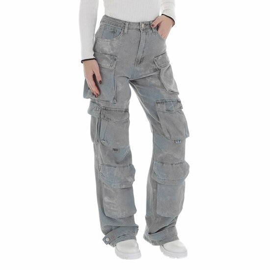 Modieuze licht grijze high waist cargo jeans broek