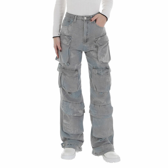 Modieuze licht grijze high waist cargo jeans broek