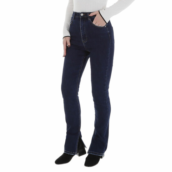 Trendy donker blauwe high waist jeans broek met split