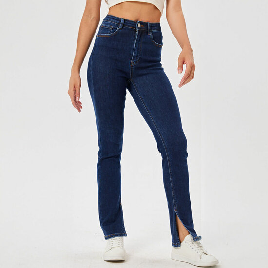 Trendy donker blauwe high waist jeans broek met split