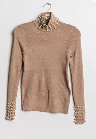 Bruin-wit-beige pullover met hoge col