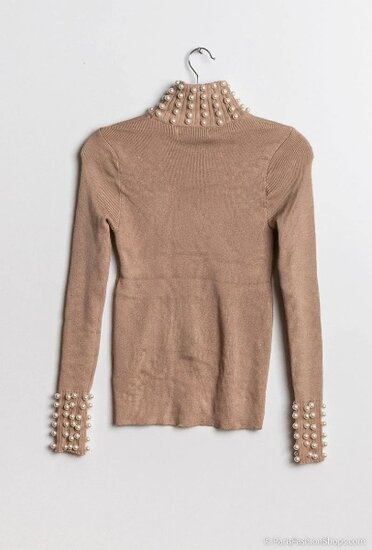 Bruin-wit-beige pullover met hoge col