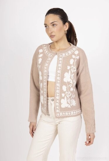 Taupe cardigan met witte 3 d bloemen