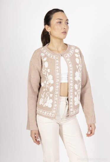 Taupe cardigan met witte 3 d bloemen