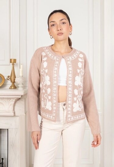 Taupe cardigan met witte 3 d bloemen