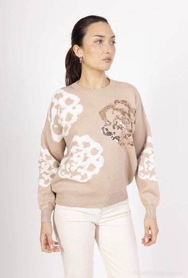 Taupe pullover met 3d en flower print