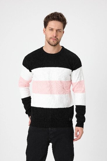 Trendy zwart-wit-rose heren pullover