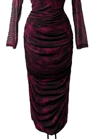Lange bordeaux mix bodycon jurk met rechthoekige kraag