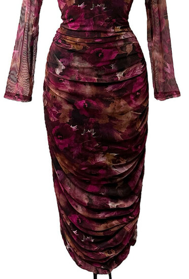 Lange bordeaux-purperen bodycon jurk met rechthoekige kraag