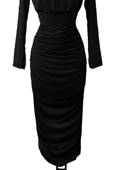 Lange zwarte bodycon jurk met rechthoekige kraag