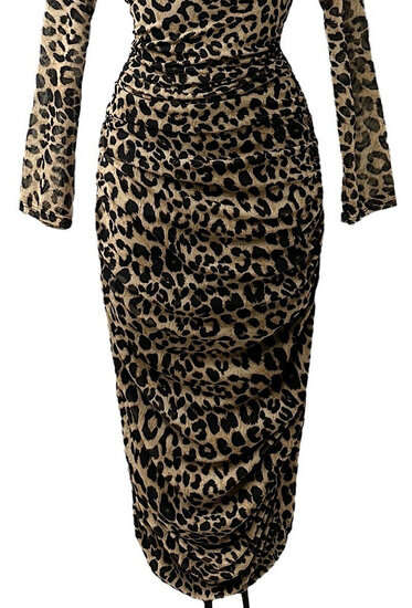 Lange leopard printed bodycon jurk met rechthoekige kraag