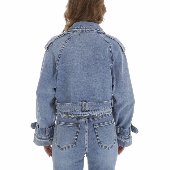 Korte blauwe jeans jacket in used look en v -hals 