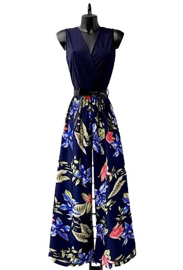 Blauw-zwarte mouwloze jumpsuit.