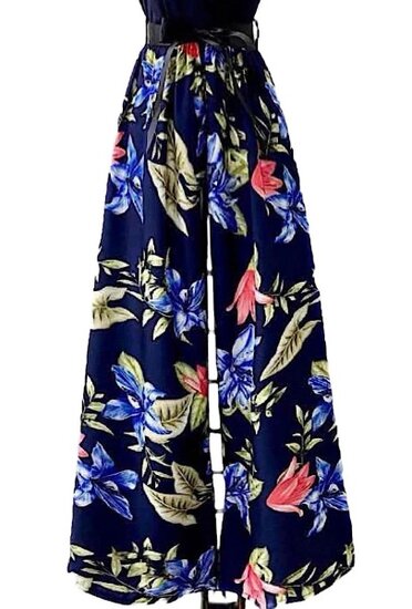 Blauw-zwarte mouwloze jumpsuit.