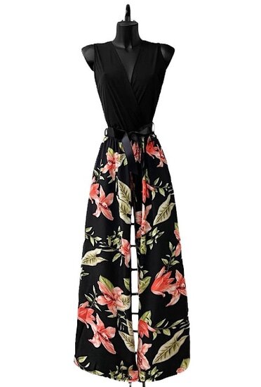 Rose-zwarte mouwloze jumpsuit.