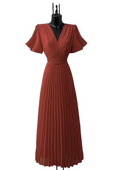 Stijlvolle terracotta maxi plisse jurk