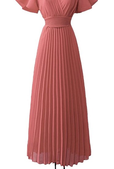 Stijlvolle zalm rose maxi plisse jurk