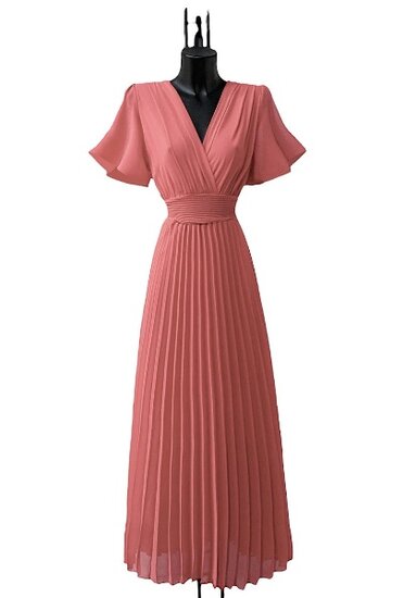 Stijlvolle zalm rose maxi plisse jurk